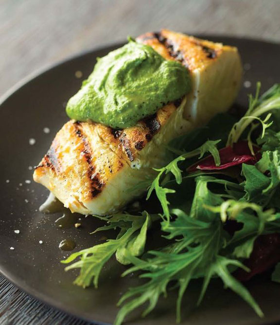 GRILLED HALIBUT WITH CHIA PESTO